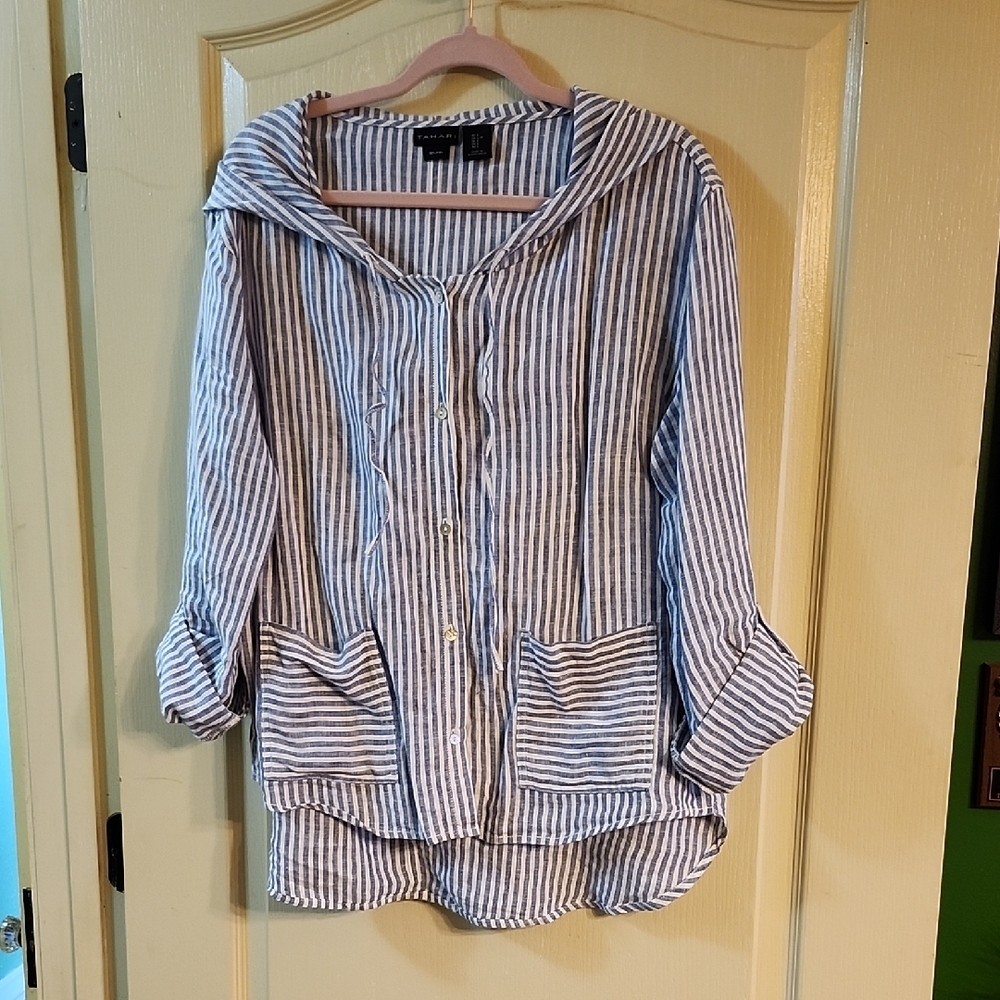 Tahari Blue and White Striped Button-Down Shirt